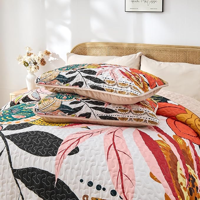 Quilt Set King Size, Boho Floral 3 Pcs Soft Bed Cover Bedding Set, Mid Century Flowers Lightweight Bedspread Coverlet with 2 Pillow Sham for All Season