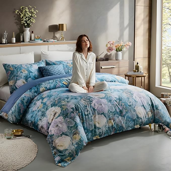 100% Cotton Duvet Cover Queen Size – Navy Blue Watercolor Floral Duvet Cover Set with Zipper Closure & Corner Ties, 3-Piece Silky Soft & Breathable Bedding Set for All Seasons