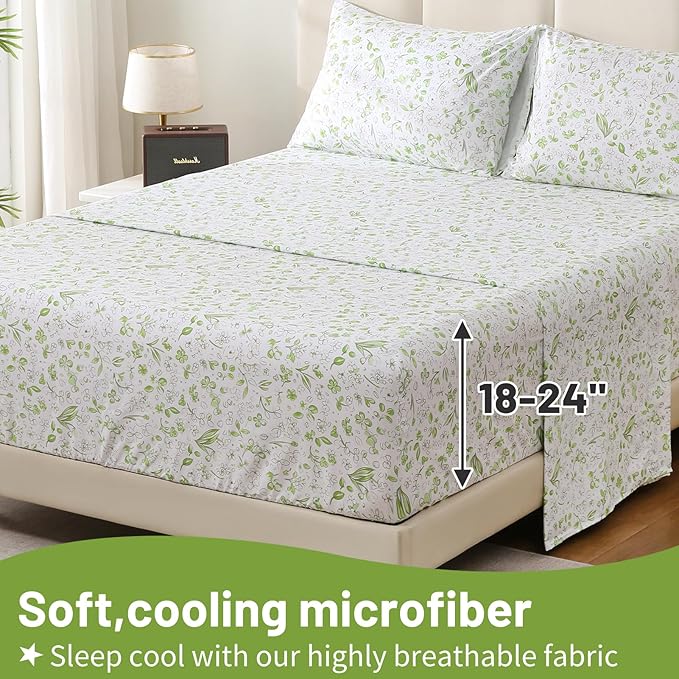 Bedlifes Queen Sheet Set Ultra Soft, Breathable, Silky Flower Deep Pocket 100% Microfiber Bedding, 4 Piece Queen Size Green Floral