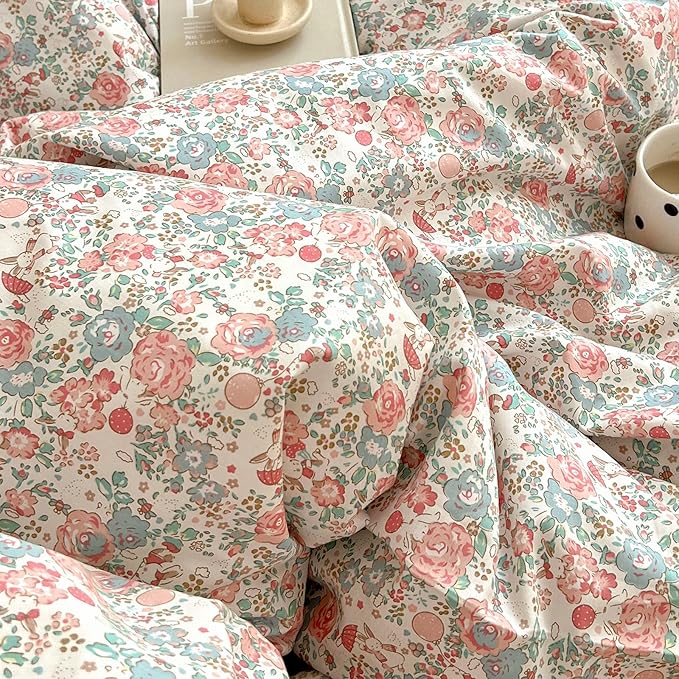 Vintage Floral King Size Comforter Set Fluffy Soft Girl Pink Floral Bedding Comforter French Style Aesthetic Flowers Botanical Comforter with 2 Pillowcases Farmhouse Boho Comforter Set King Comfy Soft
