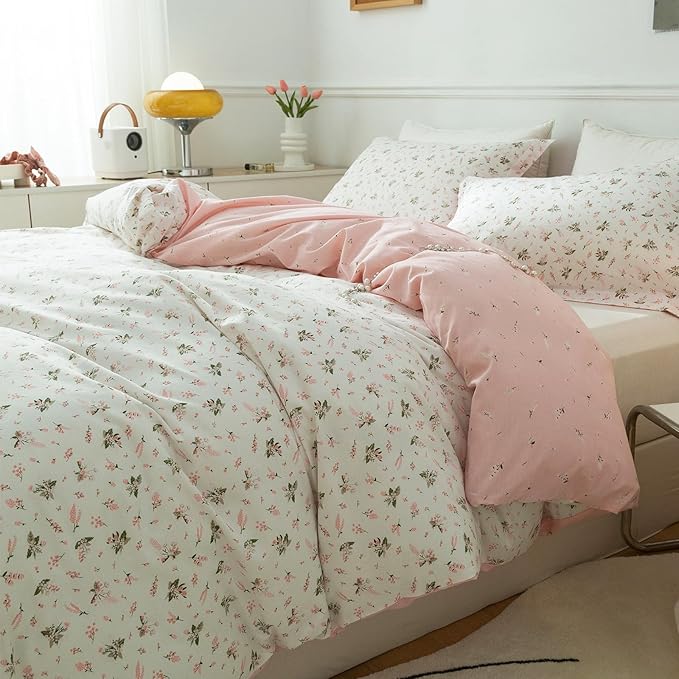 EAVD Vintage Style Garden Pink Floral Duvet Cover Queen 100% Cotton White Pink Botanical Bedding Set for Girls Women Chic Shabby Boho Botanical Floral Comforter Cover with Zipper Closure 4 Ties