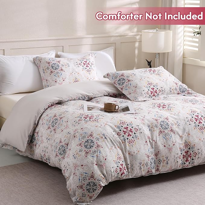 LONAVA Queen Boho 3 Pcs Duvet Cover Set, Breathable Soft Microfiber Concrete Lining Comforter Cover with Zipper Closure, and 2 Anti-Pilling, Fade Resistant Pillowcases, Cream Pasliey