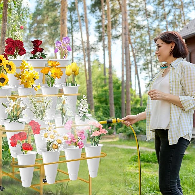 Flower Display Stand with 16PCS Buckets, 4 Layers Flower Cart Display Stand with Wheels Heavy Duty Metal Flower Bar Stand for Florist Shop, Patio Garden and Living Room - Gold
