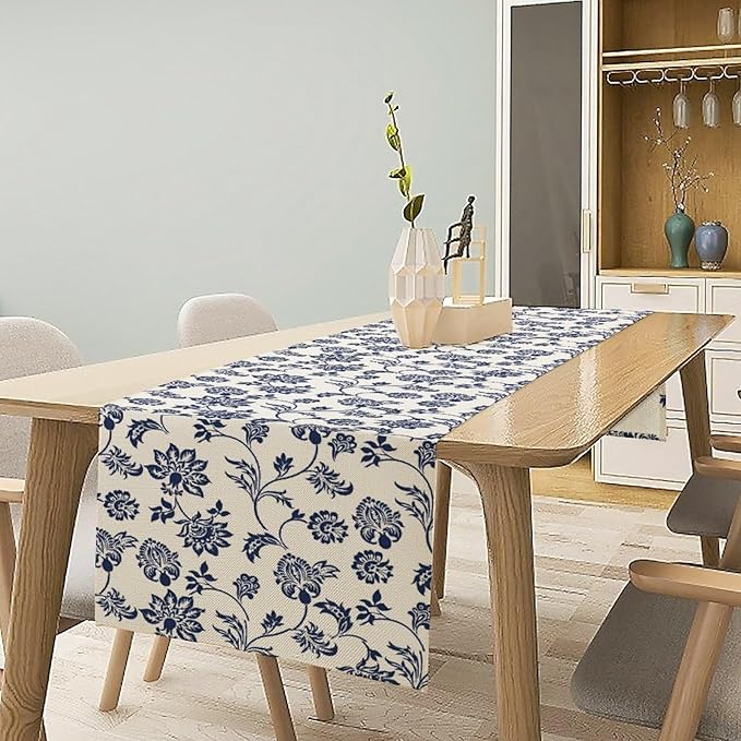 Boho Floral Table Runner, Navy Blue Paisley Flower Traditional Porcelain Vintage Decor Table Runner for Kitchen Dining Party, 13x70 Inch