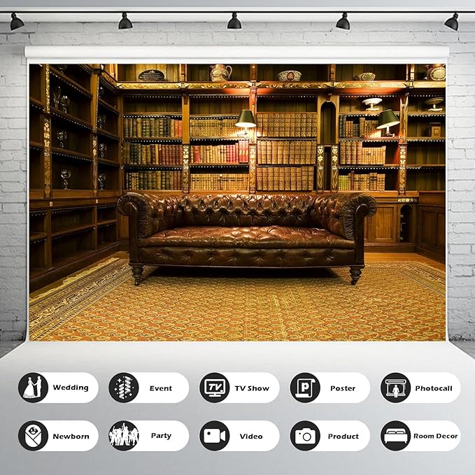 Library Backdrop Vintage Luxury Old School Library Bookshelf Collection Photography Background Business Room with Leather Sofa Book Shelf Wallpaper Decorations for Adult Photos Prop 15x10ft
