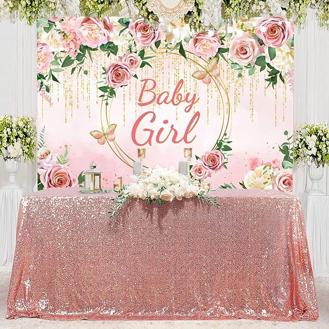 InMemory Pink Rose Baby Girl Baby Shower Backdrop Banner Decorations for Girl,Pink Flower It's a Girl Banner Photography Background for Sweet Girls Baby Shower Party Supplies Photo Booth Props 6x4ft