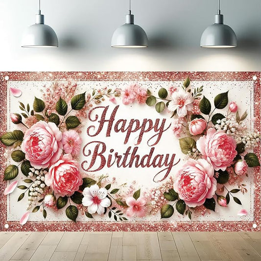 Happy Birthday Backdrop Rose Gold Glitter Peony Floral Banner Birthday Party Decorations Photography Background for Women Girls Wedding Baby Shower Decor Photo Booth Supplies 6x4ft