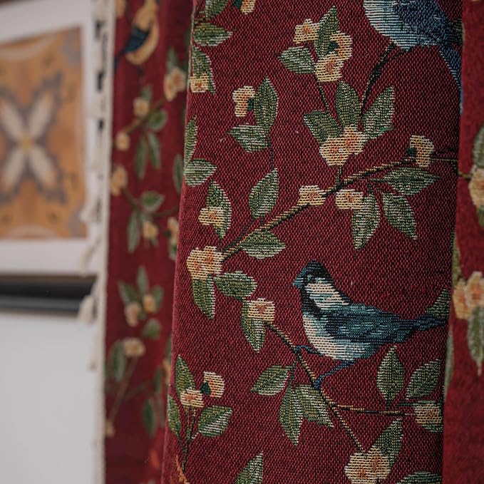 ENJOYBRIDAL Floral 84 Inch Curtains for Living Room Maroon Drapes Bird Pattern Jacquard Rod Pocket Window Curtain Panels Bedroom Farmhouse Decor Boho Tassel Semi Blackout 2 Panels Window Treatments