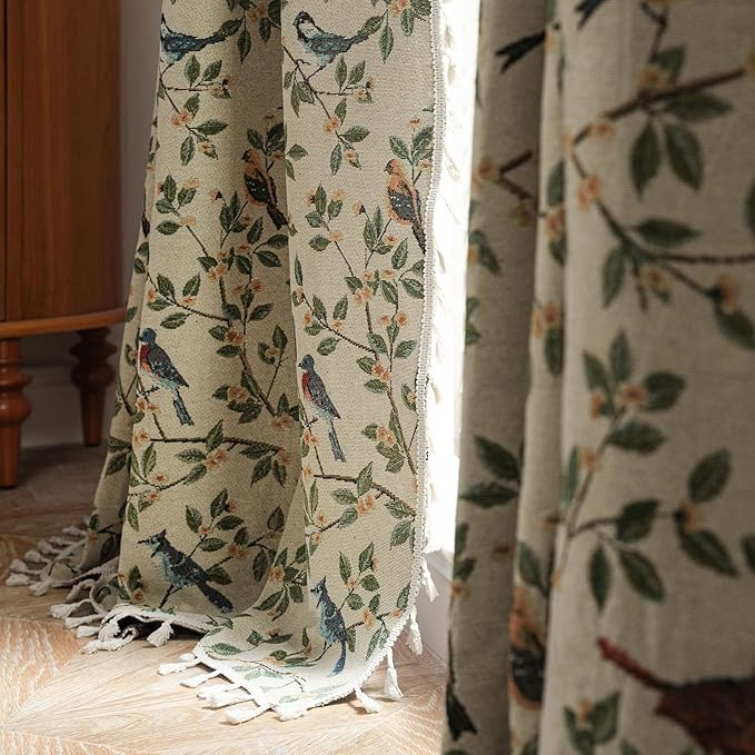 ENJOYBRIDAL Floral 96 Inch Curtains for Bedroom Jacquard Drapes Bird Patterned Semi Sheer Boho Long Window Curtains Living Room 2 Panels Farmhouse Rod Pocket Light Filtering Decor Window Treatments