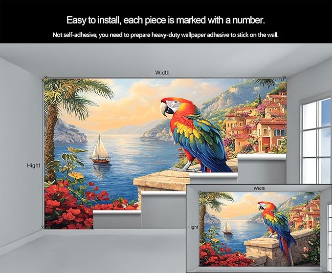 KIREUPA Macaw Parrot Wall Mural, Coastal Mediterranean Parrot 3d Wall Murals, Sunset Seaside Village Scene Wallpaper Mural, for Living Room Bedroom Large Wallpaper Indoor Decor 118" W x 82.6 "H