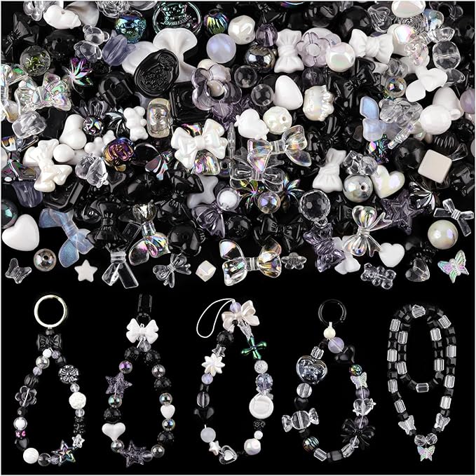 Assorted 200-260PCS Black Acrylic Beads for Bracelet Making, Flower Bow Candy GummyBear Bracelet Charms,Cute Beads for Jewelry Making DIY Necklace Keychain Phone Charm Christmas Gift