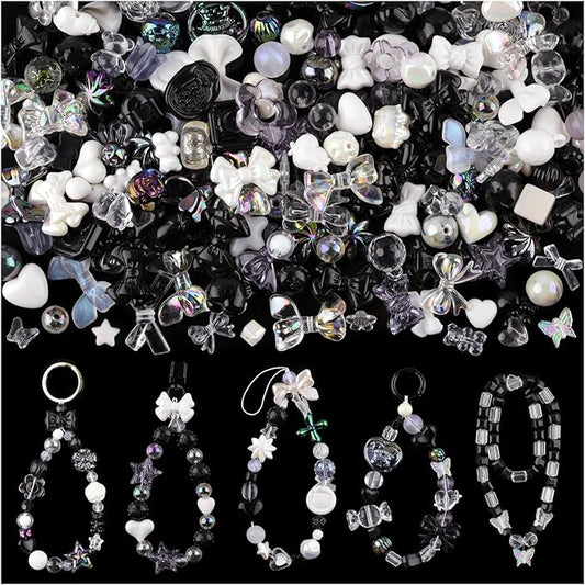 Assorted 200-260PCS Black Acrylic Beads for Bracelet Making, Flower Bow Candy GummyBear Bracelet Charms,Cute Beads for Jewelry Making DIY Necklace Keychain Phone Charm Christmas Gift