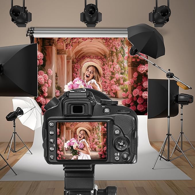 Baocicco 5x3ft Pink Flowers Backdrops for Photoshoot Rose Arch Corridor European Carving Wall Photo Background for Women Bridal Shower Birthday Marriage Valentines Mothers Day Backdrop Decorations
