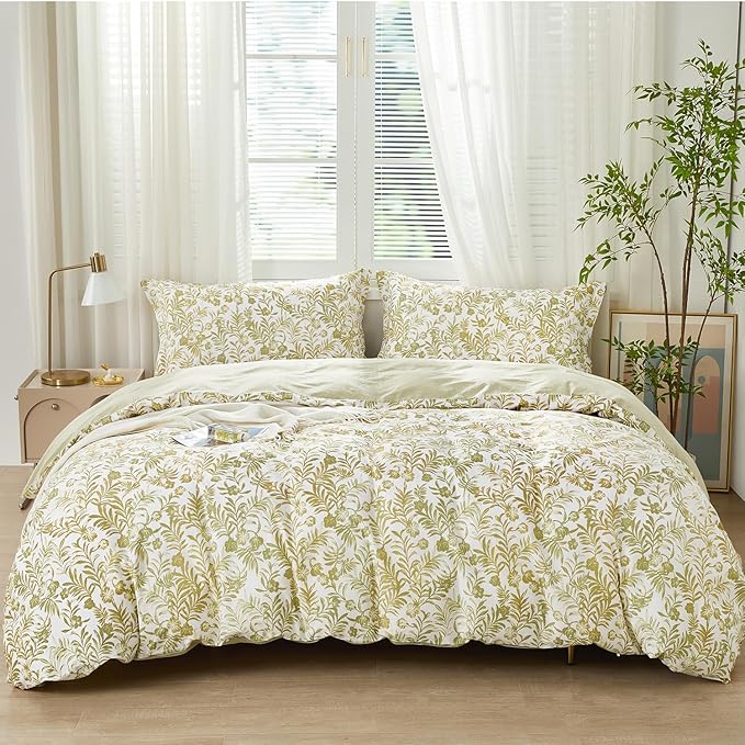 SAPHREAS Yellow Botanical Leaves Duvet Cover Set Queen Size 3pcs 100% Cotton Soft Leaf Bedding Comforter Cover Set 1 Duvet Cover 2 Pillow Shams, Comforter Not Included