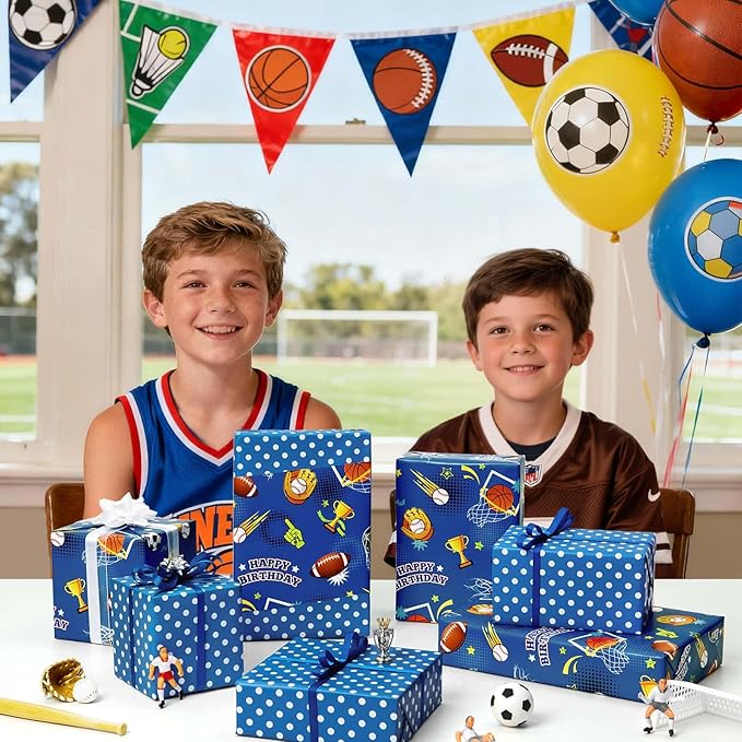 WERNNSAI Sport Ball Wrapping Paper Roll - 1 Roll 17” x 16.4 ft Happy Birthday Wrapping Paper for Kids Boys Blue Sports Gift Wrap with Football Basketball Design for Birthday Baby Shower Party Favor