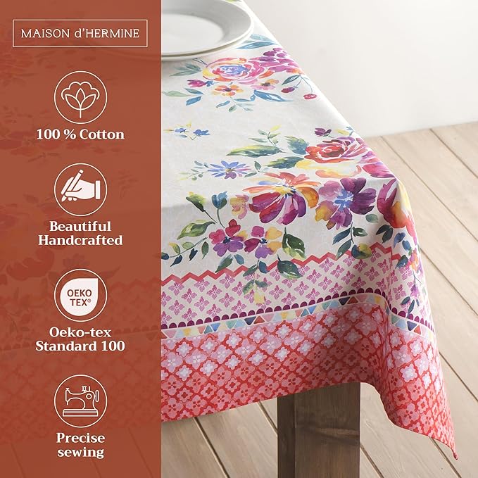 Maison d' Hermine Table Cloth Square Table 100% Cotton 60 x 60 Inches Tablecloth Reusable Decorative Everyday Use for Dining Room, Farmhouse, Home, Party, Festive & Wedding Spring Summer - Rose Garden