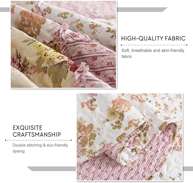 Travan 3-Piece Quilt Set Quilted Bedspread Lightweight Coverlet Set Garden Style Floral Printed Oversized Quilted Bedding Set with Shams for All Season, Exquisite, Queen Size