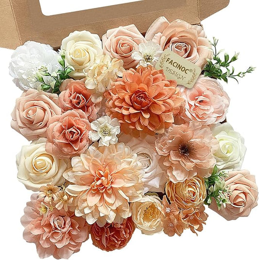 Roses Artificial Flowers Orange Fake Flower with Stems for DIY Wedding Bouquets Bridal Baby Shower Centerpiece Table Decorations Silk Faux Floral Arrangements for Party Home Decor Indoor Peach