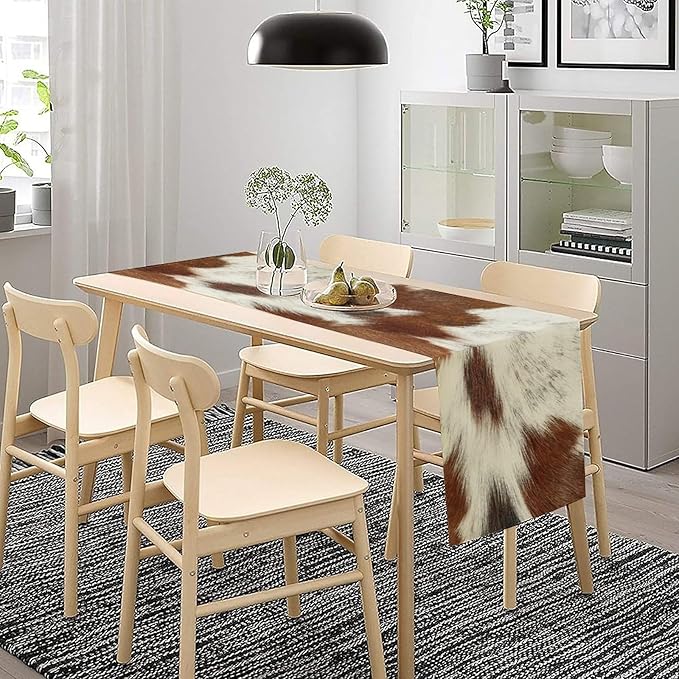 Cow Skin Print Table Runner, Rustic Country Farmhouse Animal Fur Skin Western Farm Dark Brown Cowhide Print Dinner Runner Table Decoration for Home Kitchen Dining 13x36in