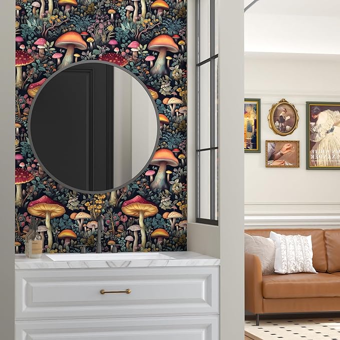 Mushroom Wallpaper Peel and Stick Floral Contact Paper Vintage Leaf Wall Paper for Bedroom Bathroom Countertop Removable Waterproof Black Colorful 17.5 x 196.5In