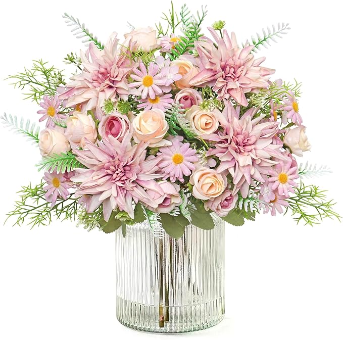 4PCS Artificial Flowers Dahlia Bouquet Fake Flowers Purple Silk Roses Daisies Faux Floral Arrangements for Dining Table Centerpieces for Kitchen Bridal Bouquet Wedding Party Home Decor