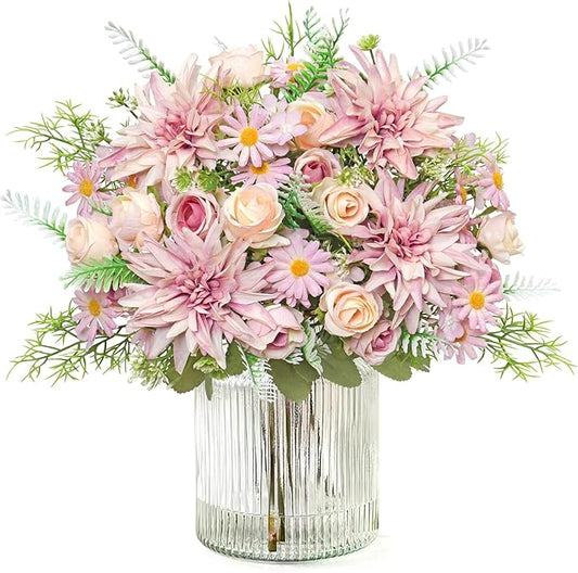 4PCS Artificial Flowers Dahlia Bouquet Fake Flowers Purple Silk Roses Daisies Faux Floral Arrangements for Dining Table Centerpieces for Kitchen Bridal Bouquet Wedding Party Home Decor