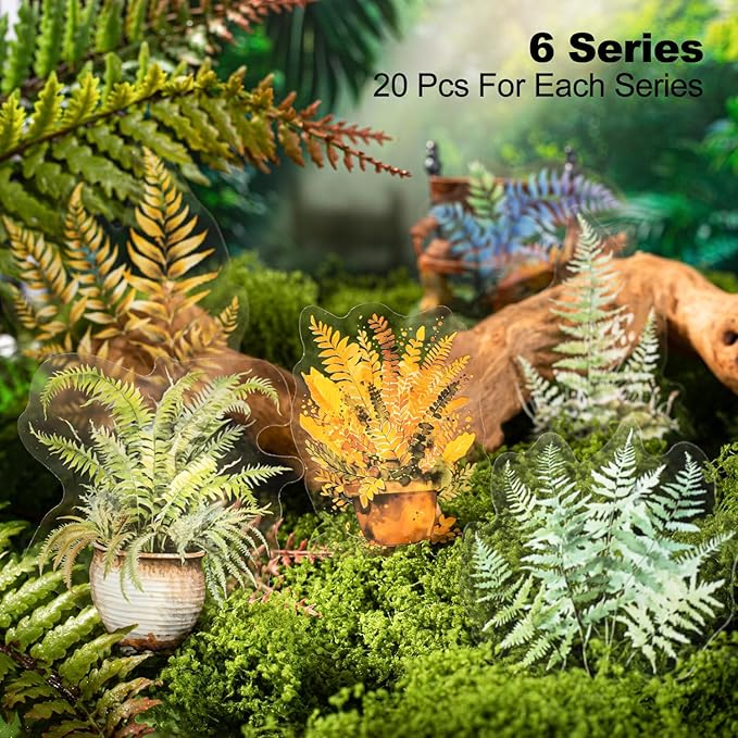 Fern Plant-Themed PET Sticker Set, 120Pcs Botanical Stickers for Scrapbooking, Journaling, Junk Journal Supplies, and DIY Crafts