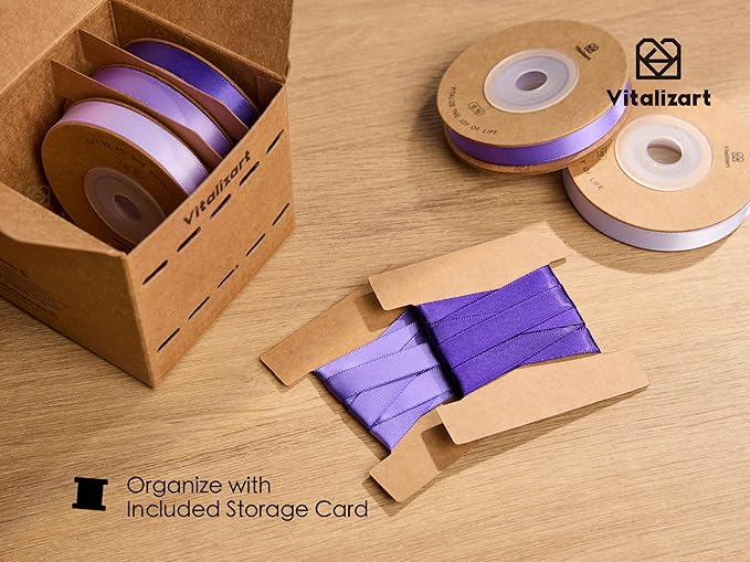 Vitalizart Purple Ribbons for Crafts 3/8" x 50 Yd Lavender Satin Ribbon Double Face Gift Wrapping Silk Like Fabric Flower Bouquet Birthday Party Decorations Bridal Shower Wreath Hair Continuous