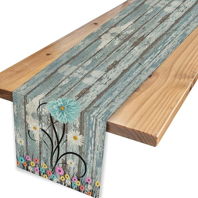 Watercolor Daisy Table Runner, Vintage Blue White Daisy Flower Rustic Blue Wood Farmhouse Print Table Center Decor for Family Kitchen Table Decorations Indoor Outdoor 13x90 inch