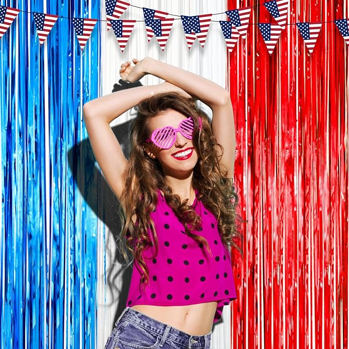 3 Pack 3.3 x 8.2 ft Red White and Blue Foil Fringe Backdrop Curtains, Tinsel Streamers Party Decorations, Fringe Backdrop for Patriotic, Memorial Day, 4th of July, Independence Day