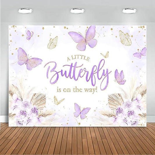 Mocsicka Butterfly Baby Shower Backdrop for Girl's A Little Butterfly is on The Way Pink Florals Flowers Photography Background Princess Girl Party Decoration Photography Props (10x7ft, Purple)