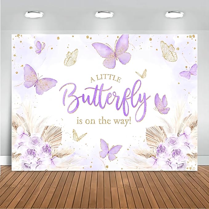 Mocsicka 7x5ft Butterfly Baby Shower Backdrop Purple A Little Butterfly is on Her Way Banner Boho Floral Lavender Purple Butterfly Baby Shower Decorations Photo Booth Props