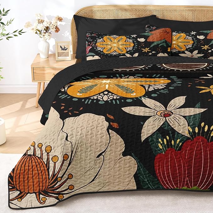 Quilt Set King Size, Black Tropical Floral 3 Pcs Soft Bed Cover Bedding Set, Farmhouse Botanical Lightweight Bedspread Coverlet with 2 Pillow Sham for All Season