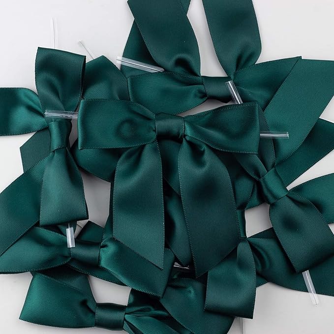 7Rainbows 30pcs Boutique 3.5" Dark Green Satin Ribbon Twist Tie Bows for Tying Up Packages Gift Wrapping
