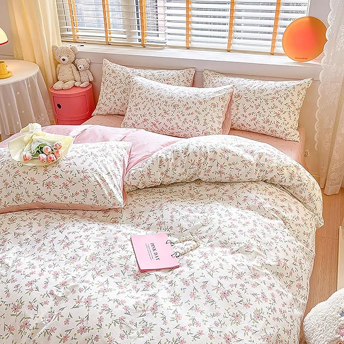 EAVD Chic Floral Girls Duvet Cover Twin XL Cotton Pink White Garden Floral Bedding Set with 2 Pillowcases Freash Cute Botanical Comforter Cover with Zipper Closure