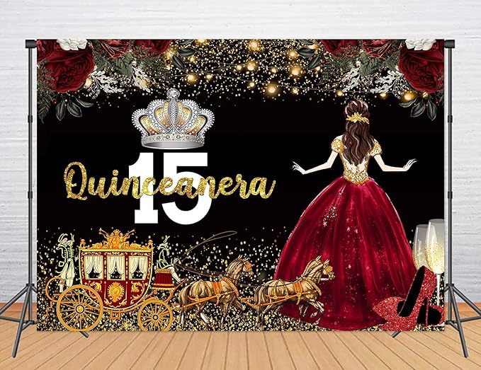 Red Dress Rose Flower Backdrops Quinceanera Birthday Backdrop for Girl Princess Happy 15th Bday Carriage Photography Props Cake Table Banner 5x3ft MBJLSLU33
