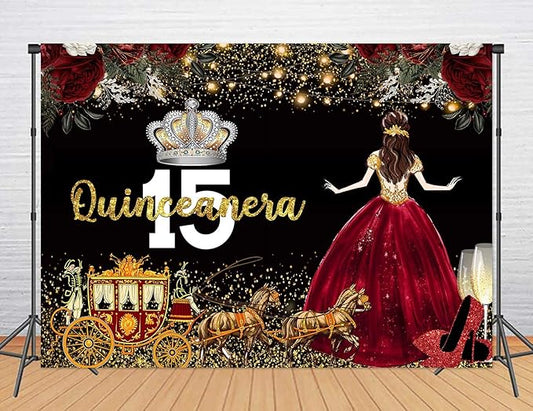Red Dress Rose Flower Backdrops Quinceanera Birthday Backdrop for Girl Princess Happy 15th Bday Carriage Photography Props Cake Table Banner 5x3ft MBJLSLU33