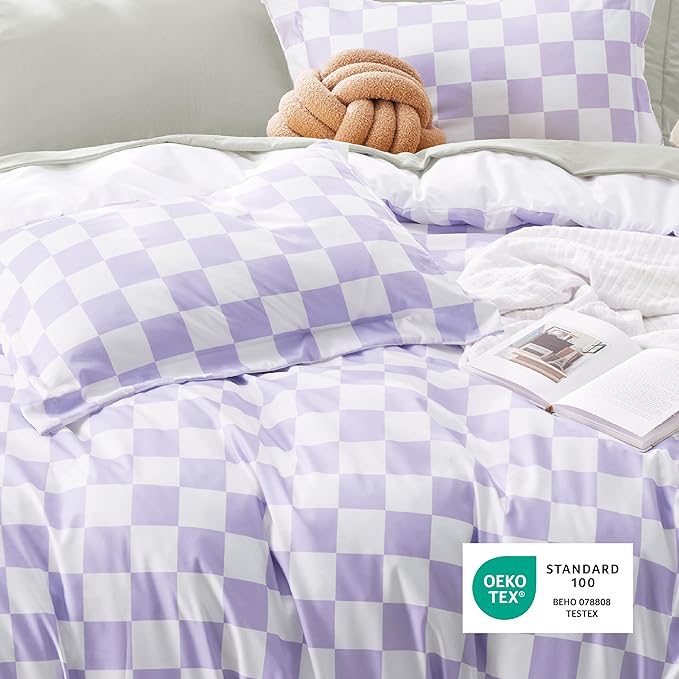 Bedsure Duvet Cover Twin Size - Reversible Checkered Duvet Cover Set with Zipper Closure, 2 Pieces Purple Bedding Set with 8 Corner Ties and 1 Pillow Sham 20"x26"