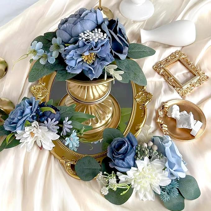 Pre-Made Dusty Blue Silk Flowers for Cakes Decorations Navy Royal Blue Artificial Rose Peony Wedding Cake Toppers Decorating Fake Floral Anniversary Birthday Party Arrangements Table
