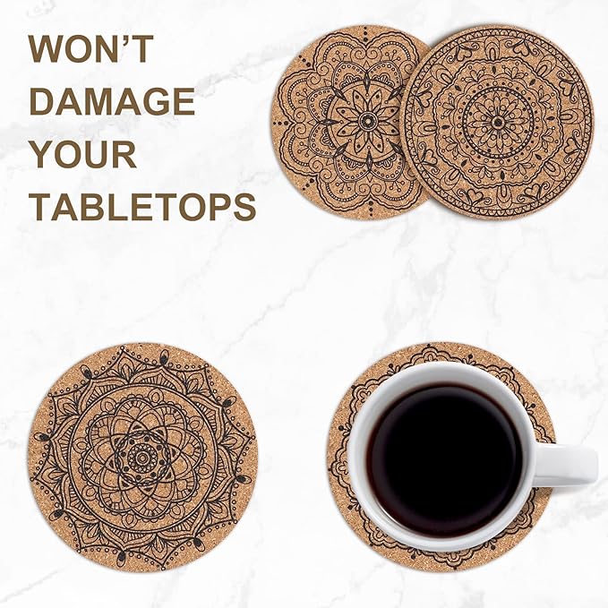Coasters for Drinks 12 pcs Absorbent Cork Coasters with Flower Pattern Housewarming Gifts for New Home Present for Friends, Living Room Decor, Apartment Decor