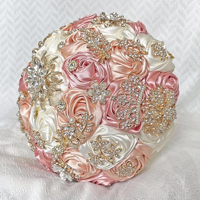 Handmade Satin Rose Floral Bling Pearl Decor Bridal Wedding Bouquet Rhinestone Pendant Artificial Brooch Flowers for Bride Bridesmaid Quinceanera