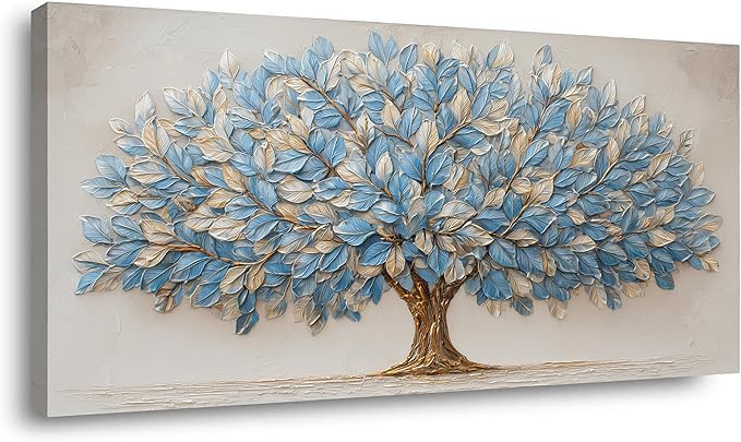 Blue Tree of Life Canvas Wall Art Nature Blue Gold Leaf Abstract Tree Canvas Painting Textured Pictures, Modern Large Panoramic Landscape Ready for Living Room Bedroom Office Home Décor 46L" x 23W"