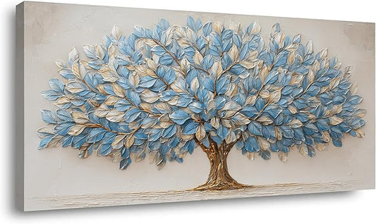 Blue Tree of Life Canvas Wall Art Nature Blue Gold Leaf Abstract Tree Canvas Painting Textured Pictures, Modern Large Panoramic Landscape Ready for Living Room Bedroom Office Home Décor 30L" x 16W"