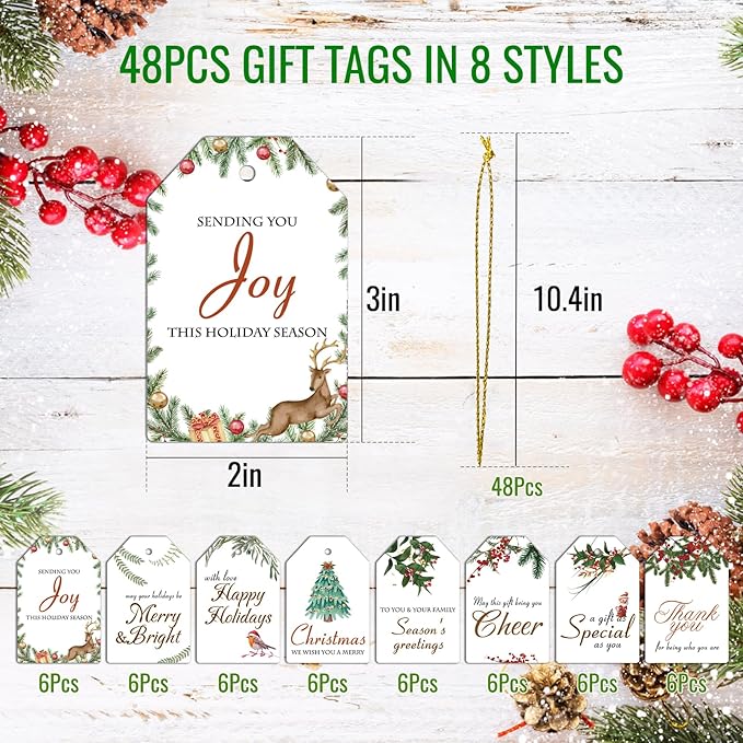 AuroTrends Christmas Gift Tags with String 48Pcs, Name Tags for Christmas Presents -Quality Christmas Tags with Holes& Pre-Cut Strings (8 Styles, 48 Pcs)