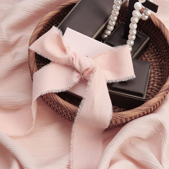 Dusty Pink Ribbon 1-1/2 x 15 Yards Handmade Cotton Frayed Fringe Fabric Ribbons for Crafts Flower Bouquets Wedding Baby Shower Home DIY Decor