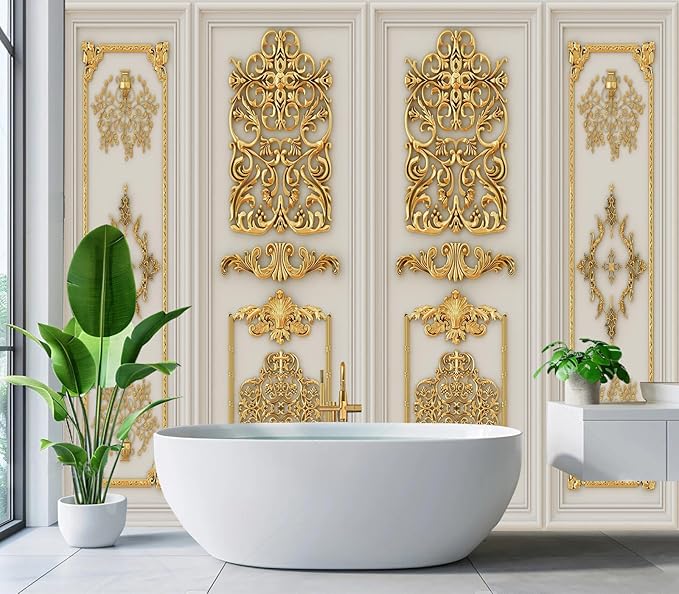 Eierme-Interior Walls with Golden Relief Patterns Mural Wallpaper Peel and Stick 90" x 67"