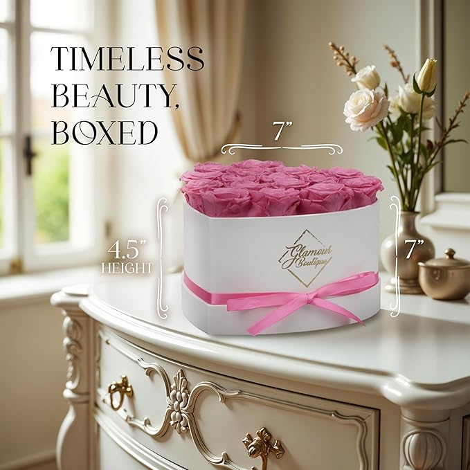 GLAMOUR BOUTIQUE Preserved Roses in a Box - Gifts for Her, Wife & Mom, Rose Flowers Forever Decor for Birthday Gift, Get Well Flower Bouquet Cased in White Box with Cover - Pink - 16-Piece