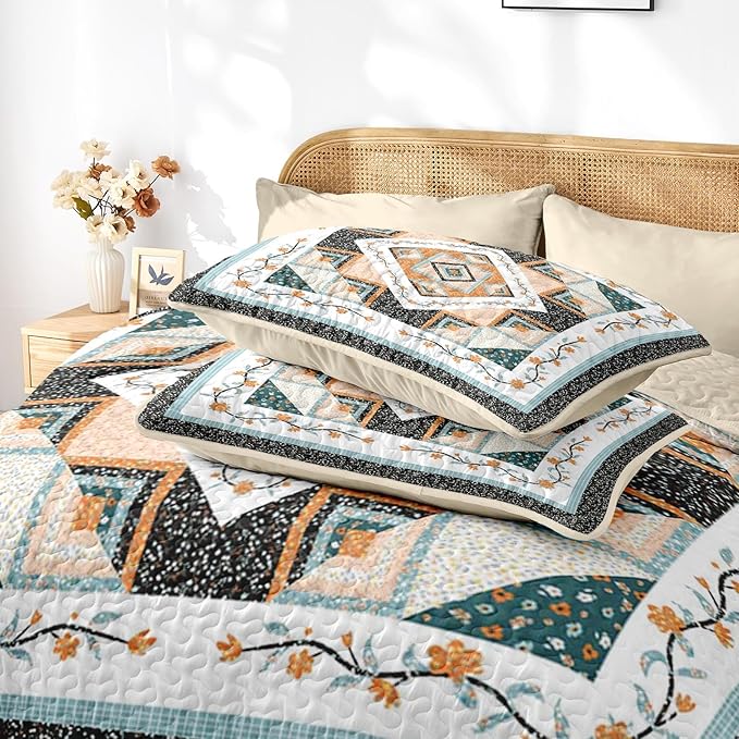 Quilt Set Twin Size, Farmhouse Floral 2 Pcs Soft Bed Cover Bedding Set, Boho Rustic Geometric Lightweight Bedspread Coverlet with Pillow Sham for All Season
