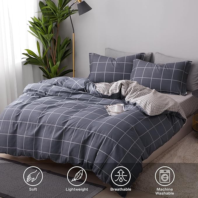 SAPHREAS Boy Gray Plaid Duvet Cover Set Twin Size 2pcs Dark Grey Grid Bedding Comforter Cover Set 1 Duvet Cover 1 Pillow Sham
