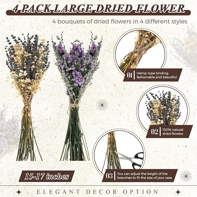 Layhit 4 Pack Large Size Boho Dried Flower Bouquet 15-17 Inch Wedding Handmade Dry Flowers for Vase Crafts DIY Photo Boutonniere for Men Floral Plant for Bridesmaid Gift Birthday Decor(Lavender)